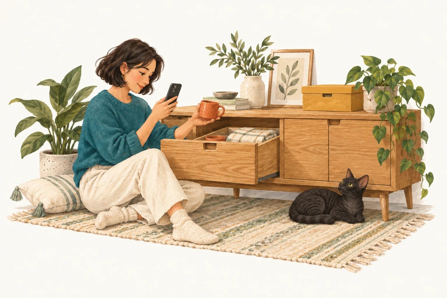 An illustration of a woman photographing a mug beside a wooden cabinet, with a black cat nearby.